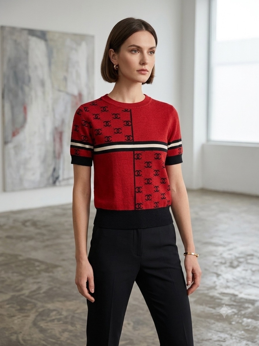 Red Short-Sleeve Logo-Pattern Knit Top